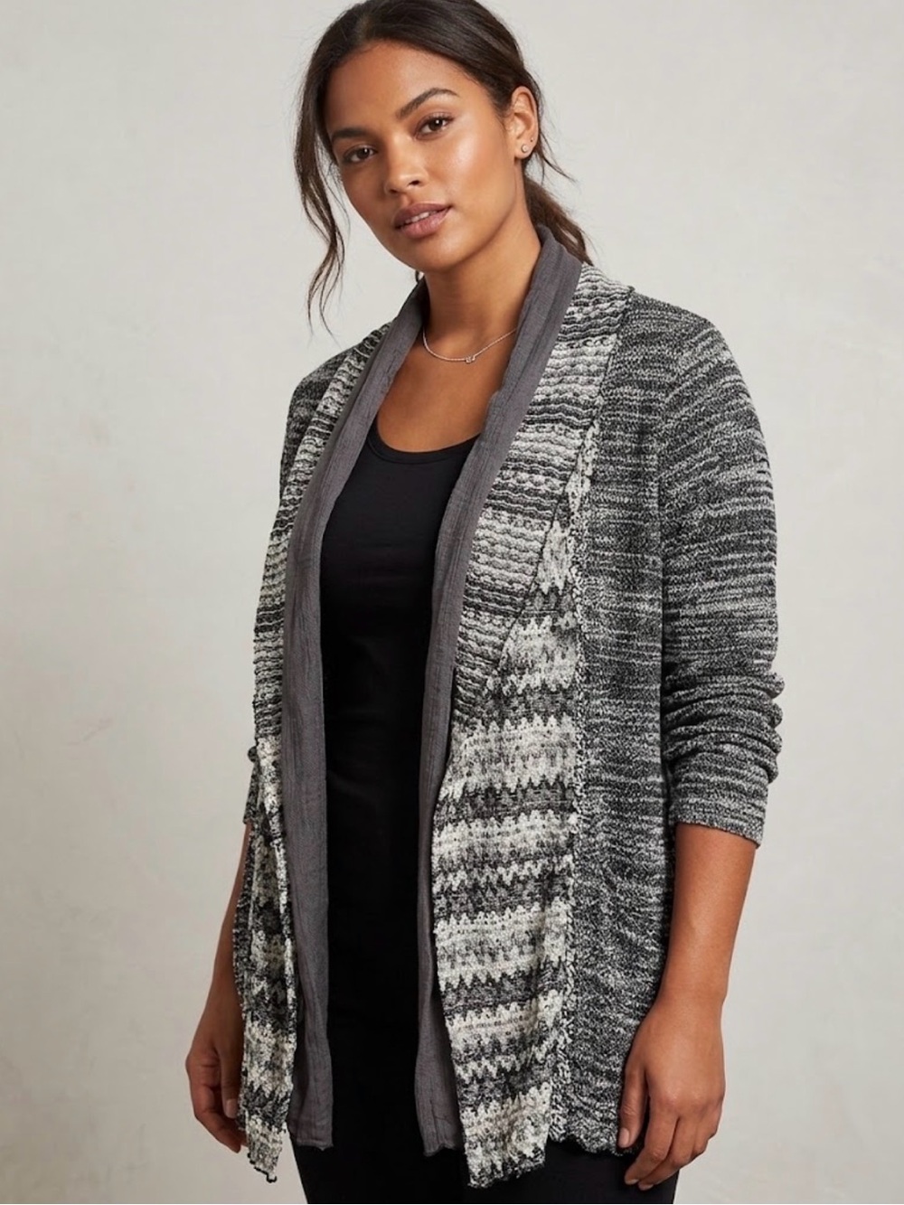 Picadilly Open-Front Black & Gray Patterned Cardigan
